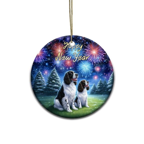 Happy New Year English Springer Spaniel Family Cheer Winter Midnight Firework Ceramic Round Ornament Springers Dog Lover Gifts Home Tree Decor - 02025