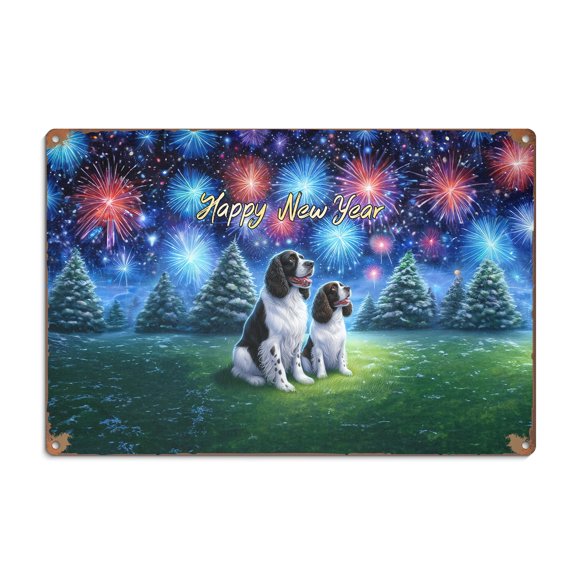 Happy New Year English Springer Spaniel Family Cheer Winter Midnight Firework Horizontal Metal Aluminum Sign Springers Dog Lover Gifts Wall Art Home Decor - 02025
