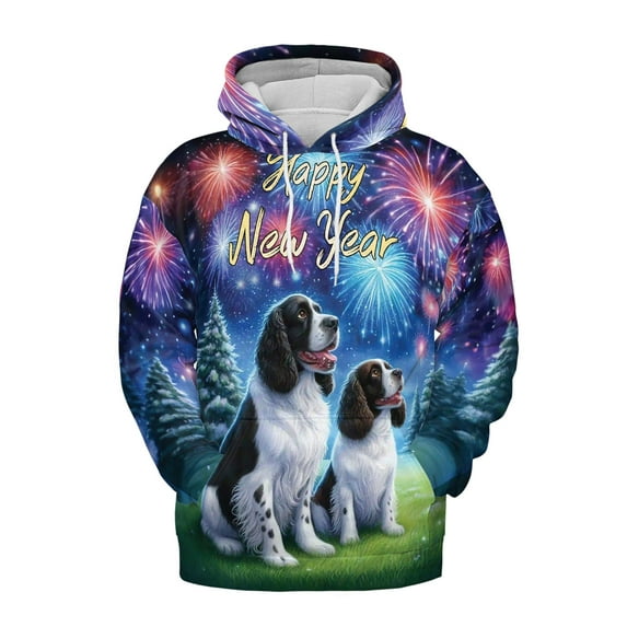 Happy New Year English Springer Spaniel Family Cheer Winter Midnight Firework All Over Print 3D Hoodie Unisex Merch Hoodies Springers Dog Lover Gifts - 02025