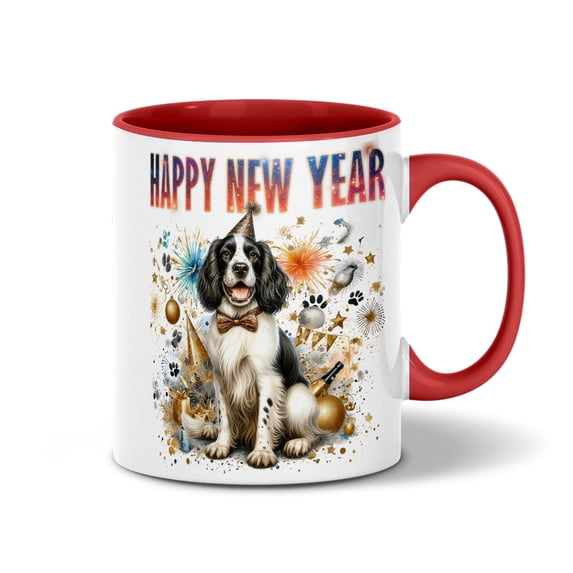 Happy New Year with English Springer Spaniel Fireworks Holiday Xmas Winter 2025 11oz Accent Two-tone Mug Springers Dog Lover Gifts Coffee Tea Cup - 00025
