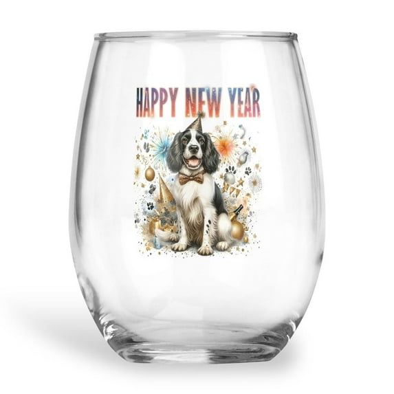 Happy New Year with English Springer Spaniel Fireworks Holiday Xmas Winter 2025 15oz Stemless Wine Glass Mug Springers Dog Lover Gifts Wine Glasses Cup - 00025