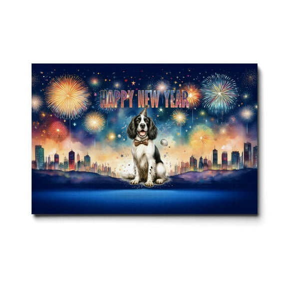 Happy New Year with English Springer Spaniel Fireworks Holiday Xmas Winter 2025 Horizontal Matte Canvas Poster Springers Dog Lover Gifts Wall Art Home Decor - 00025