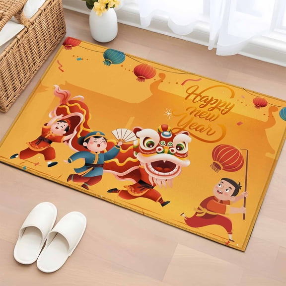 Happy New Year Entryway Rug 2'x3' Non Slip Front Door Mats, Spring Festival Red Yellow Dragon Dance Entrance Rugs Indoor Outdoor Carpet, Washable Floor Mats Small Area Rug for Bedroom Kitchen