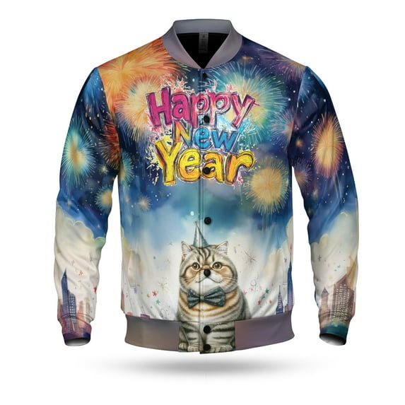 Happy New Year with Exotic Shorthair Fireworks Holiday Xmas Winter 2025 All Over Print 3D Baseball Jacket Cat Lover Kitten Owner Gifts Bomber Jacket Softball - 00025