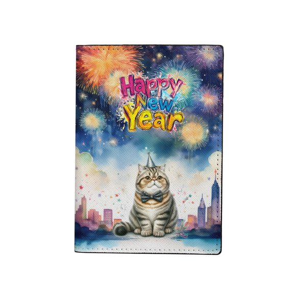 Happy New Year with Exotic Shorthair Fireworks Holiday Xmas Winter 2025 Travel Passport Wallet Cat Lover Kitten Owner Gifts PU Leather Passport Holder Cover - 00025