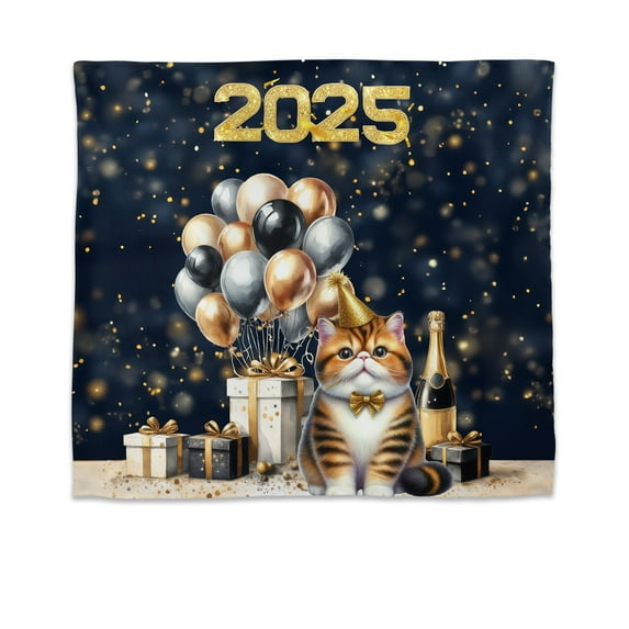 Happy New Year Exotic Shorthair Welcome 2025 Balloon Firework Party Tapestry Cat Lover Kitten Owner Gifts Wall Hanging Backdrop Home Decor - 01014