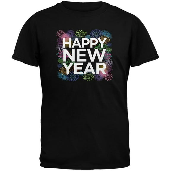 Happy New Year Fireworks Black Adult T-Shirt - Medium