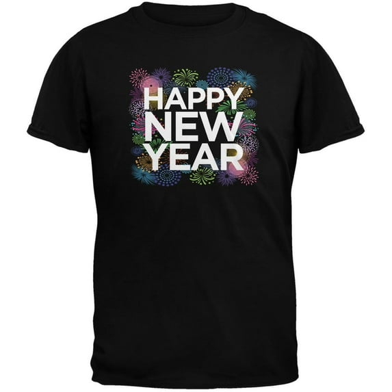 Happy New Year Fireworks Black Adult T-Shirt - Small