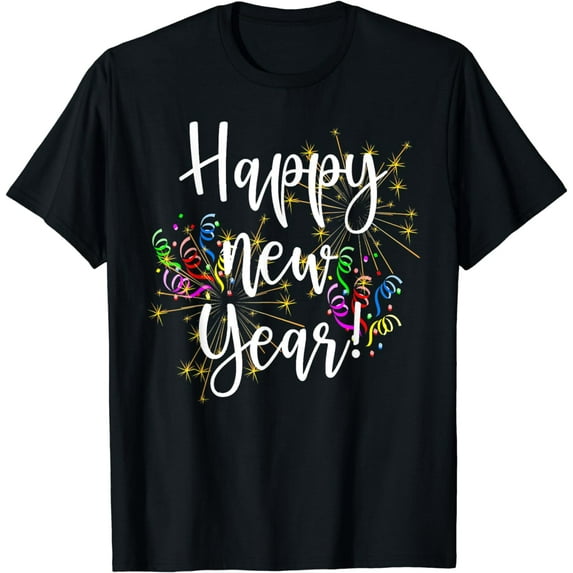 Happy New Year Fireworks Egg Print T-Shirt Short Sleeve