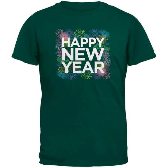 Happy New Year Fireworks Forest Green Adult T-Shirt - 2X-Large