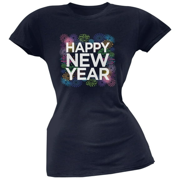 Happy New Year Fireworks Navy Soft Juniors T-Shirt - Medium