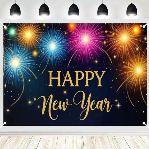 Happy New Year Fireworks Photography Backdrop, Glitter Star Dark Night Photo Background for New Year Holiday Party Decoration 3x5ft