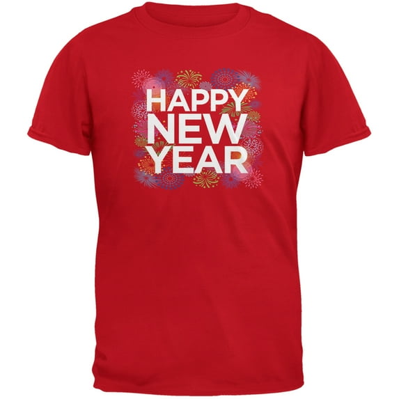 Happy New Year Fireworks Red Adult T-Shirt - X-Large