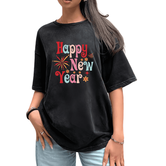 Happy New Year Fireworks Theme Graphic Tee T Shirt Top Colorful Party Tops Short Sleeve Round Neck Black S-2XL Plus Size