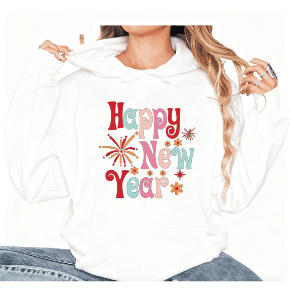Happy New Year Fireworks Theme Graphic Tee T Shirt Top Colorful Party Tops Trendy Hooded long-sleeved White S-2XL