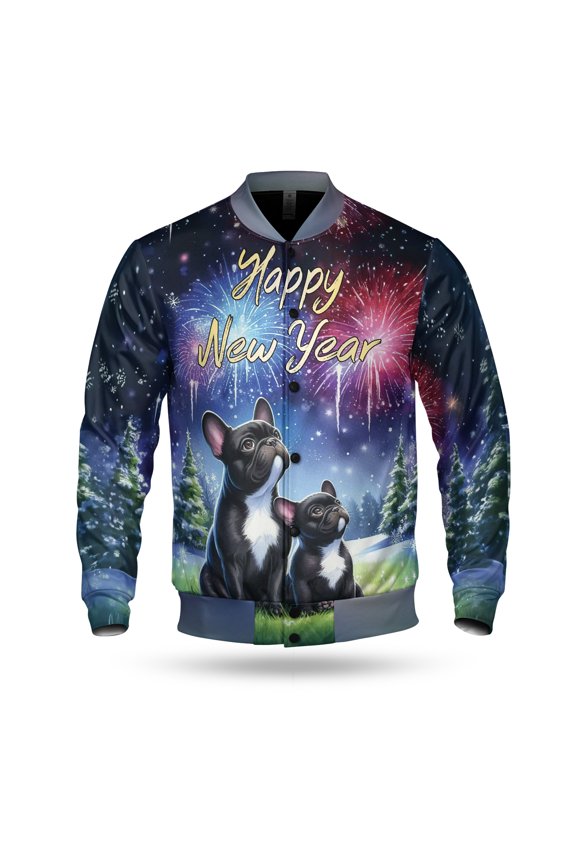 Happy New Year French Bulldog Family Cheer Winter Midnight Firework All Over Print 3D Baseball Jacket Dog Lover Gifts Bomber Jacket Softball - 02025