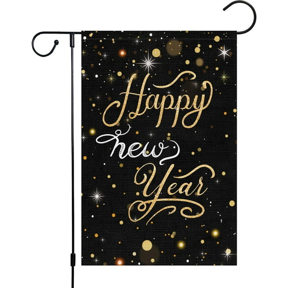Happy New Year Garden Flag 12.5x18 Double Sided Vertical, Burlap Small Celebration Confetti Welcome New Year Yard Flag Sign Holiday Winter House Outdoor Outside Decorations (ONLY FLAG)