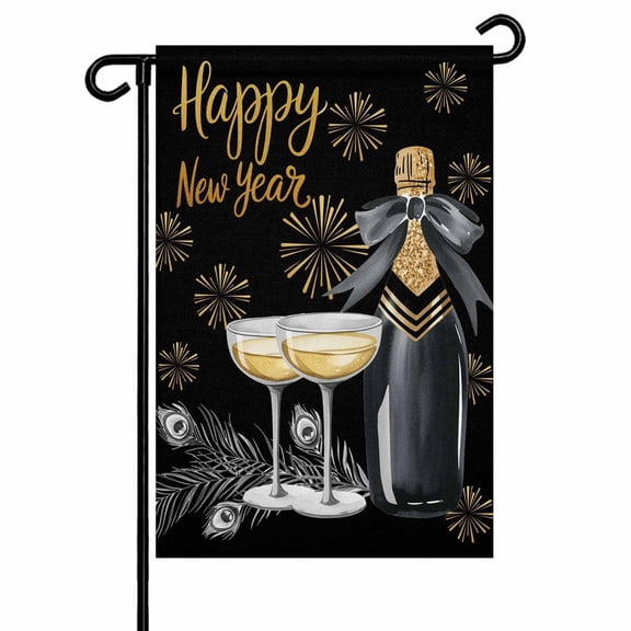 Happy New Year Garden Flag 12x18 Inch Champagne Cup Gold Fireworks Feather Black Double Sided Small Decorative Garden Flags for Outside, Outdoor Yard Porch Lawn Decoration