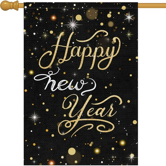 Happy New Year Garden Flag 28x40 Double Sided Vertical, Burlap Large Celebration Confetti Welcome New Year Yard Flag Sign Holiday Winter House Outdoor Outside Decorations (ONLY FLAG)