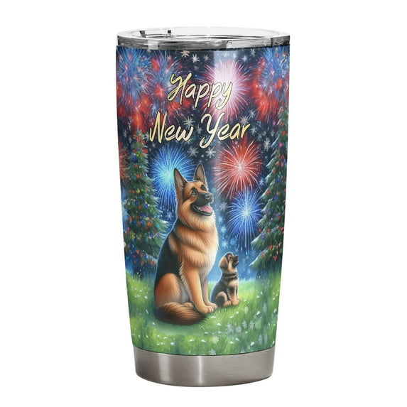 Happy New Year German Shepherd Family Cheer Winter Midnight Firework 20oz Stainless Steel Tumbler Insulated Cup with Lid Alsatian Dog Lover Gifts - 02025