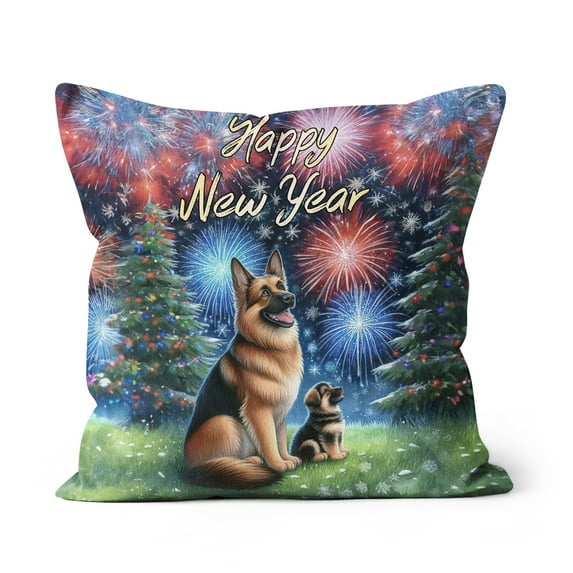 Happy New Year German Shepherd Family Cheer Winter Midnight Firework Pillow Cushion Double Sided Alsatian Dog Lover Gifts Throw Pillow - 02025