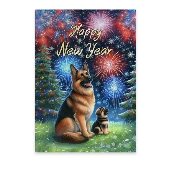 Happy New Year German Shepherd Family Cheer Winter Midnight Firework Vertical Matte Canvas Poster Alsatian Dog Lover Gifts Wall Art Home Decor - 02025