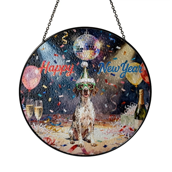 Happy New Year German Shorthaired Pointer Chills on Year-End Party Stained Glass Suncatcher GSP Lover Dog Gift Window Hanging Sign Decor - 12023