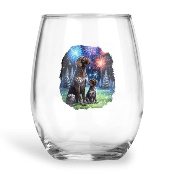 Happy New Year German Shorthaired Pointer Family Cheer Winter Midnight Firework 15oz Stemless Wine Glass Mug GSP Lover Dog Gift Wine Glasses Cup - 02025