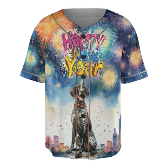 Happy New Year with German Shorthaired Pointer Fireworks Holiday Xmas Winter 2025 All Over Print 3D Baseball Shirt GSP Lover Dog Gift Softball Sport - 00025