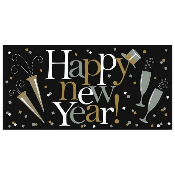 Happy New Year Giant Horizontal Banner Black Silver Gold