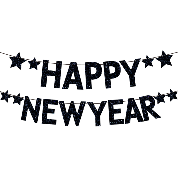 Happy New Year Glitter Banner, Black, Star Accents, Party Decoration, New Year's Eve Garland
