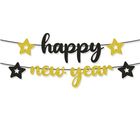 Happy New Year Glitter Banner, Black and Gold, Star Accents, Party Decoration