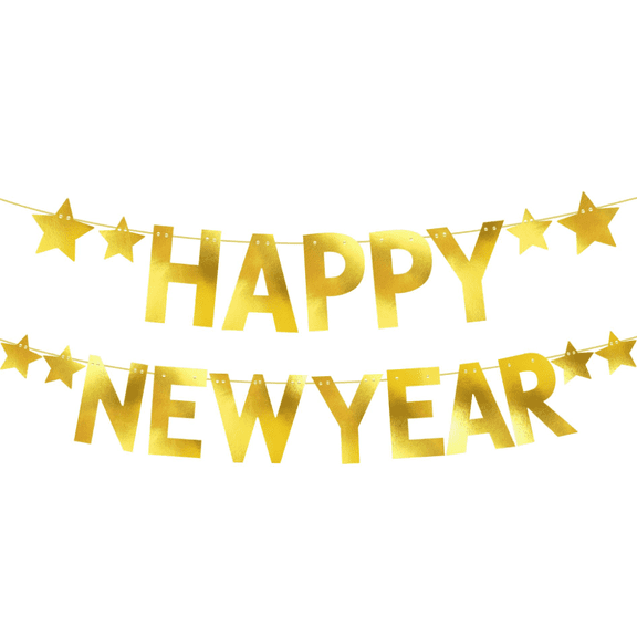 Happy New Year Glitter Banner, Gold, Star Accents, Party Decoration, New Year's Eve Garland