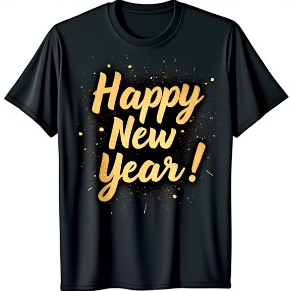 Happy New Year Glittery Gold Inscription Black T-Shirt for Festive Celebrations