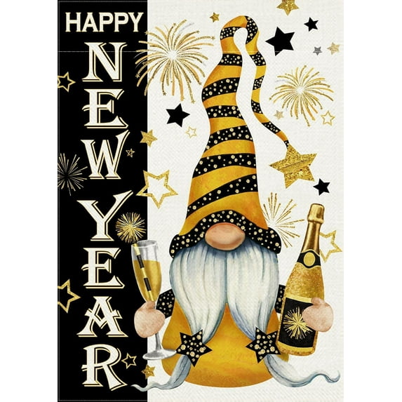 Happy New Year Gnome Decorative Garden Flag, Celebration Champagne Fireworks Stars Yard Outside Decorations, 2025 Black Gold Outdoor Small Burlap Home Decor Double Sided 12.5x18