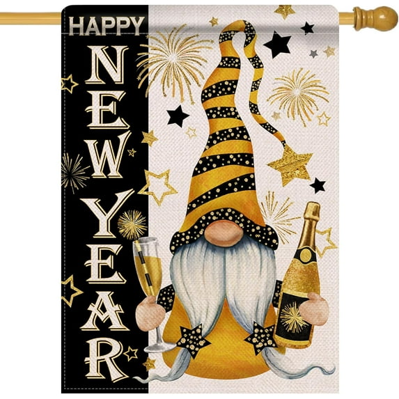 Happy New Year Gnome Decorative House Flag, Celebration Champagne Fireworks Stars Garden Yard Outside Decorations, 2025 Black Gold Outdoor Large Burlap Home Decor Double Sided 28 x 40