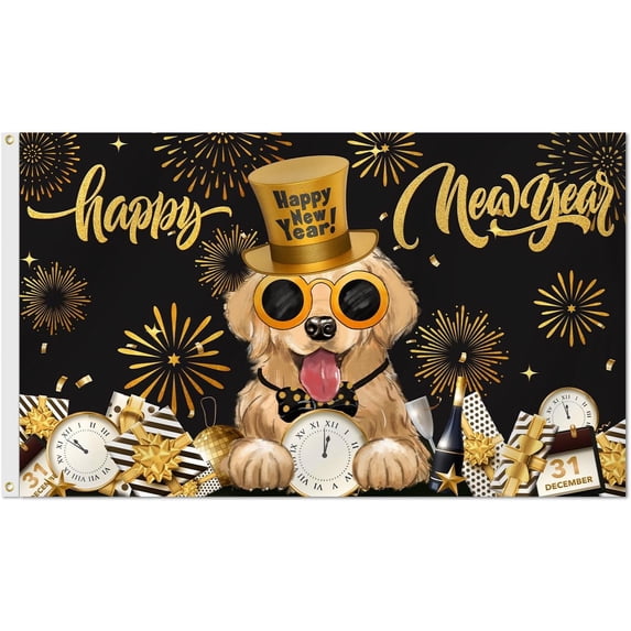 Happy New Year Golden Retriever Dog Flag Double sided, Winter New Year Eve Outdoor Banner, New Year Dog Fireworks Clock Holiday Flag with Brass Grommets for Yard Porch Outdoor Decor