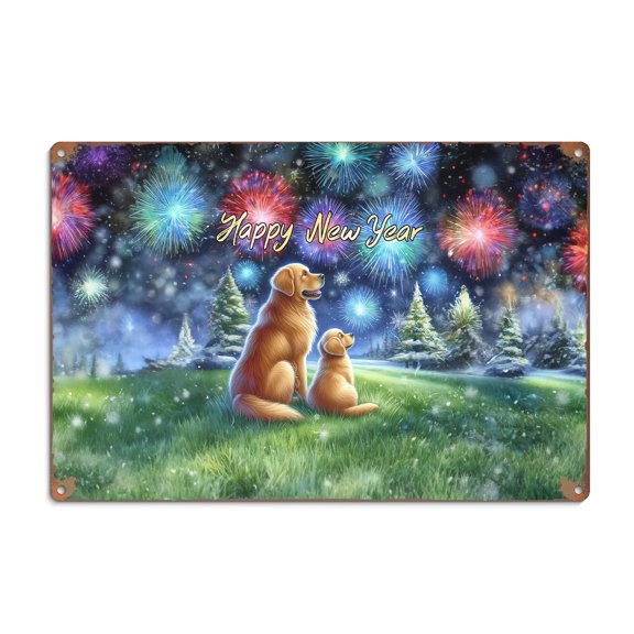 Happy New Year Golden Retriever Family Cheer Winter Midnight Firework Horizontal Metal Aluminum Sign Goldens Dog Lover Gifts Idea Wall Art Home Decor - 02025