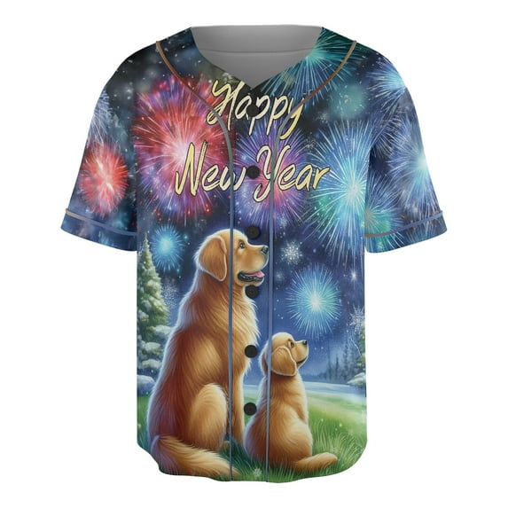 Happy New Year Golden Retriever Family Cheer Winter Midnight Firework All Over Print 3D Baseball Shirt Goldens Dog Lover Gifts Idea Softball Sport - 02025