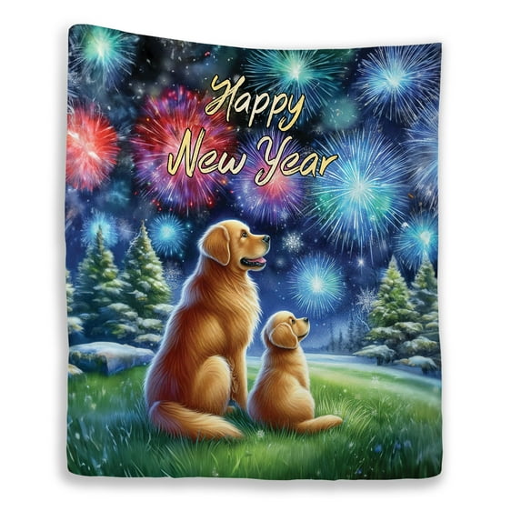 Happy New Year Golden Retriever Family Cheer Winter Midnight Firework Quilt Blanket Goldens Dog Lover Gifts Idea Cozy Comforter Throw Blanket - 02025