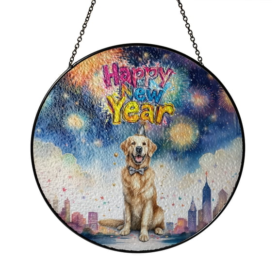 Happy New Year with Golden Retriever Fireworks Holiday Xmas Winter 2025 Stained Glass Suncatcher Goldens Dog Lover Gifts Idea Window Hanging Sign Decor - 00025