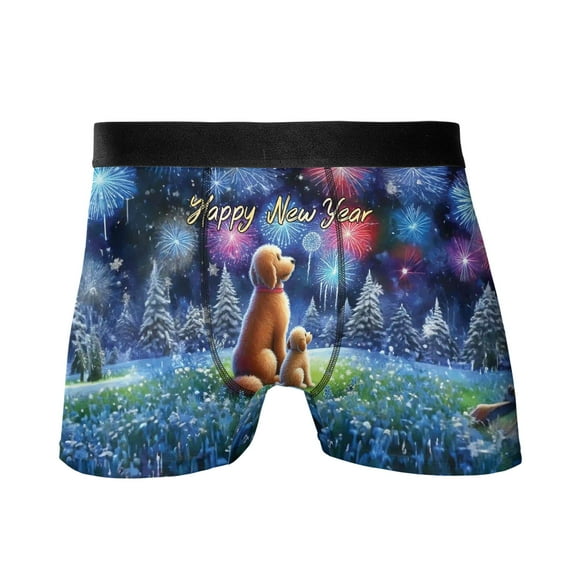 Happy New Year Goldendoodle Family Cheer Winter Midnight Firework All Over Print Boxer Briefs Underwear for Men Dad Doodle Dog Lover Gifts Idea - 02025
