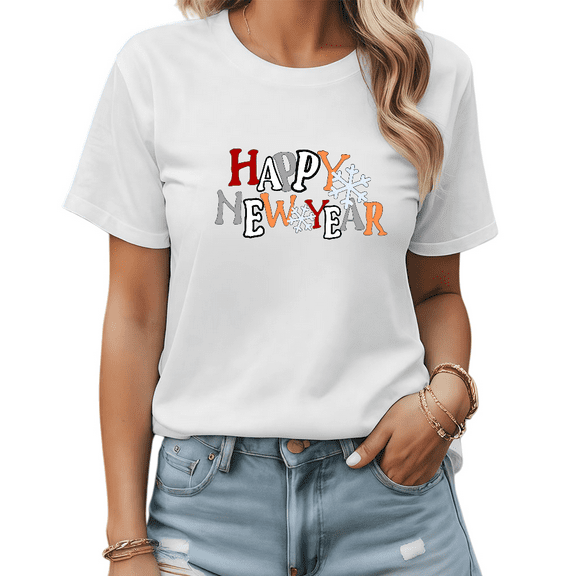 Happy New Year Graphic Tees Black Print Tshirt Shirts S-5XLFestive Casual Woman Fashion Printed