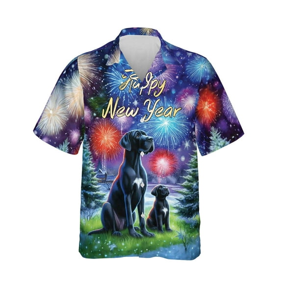 Happy New Year Great Dane Family Cheer Winter Midnight Firework Hawaiian Shirt Breathable Summer Unisex Merch Danes Dog Lover Gifts - 02025