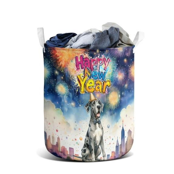 Happy New Year with Great Dane Fireworks Holiday Xmas Winter 2025 Foldable Laundry Basket Danes Dog Lover Gifts Organizer Storage with Handles - 00025