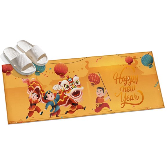 Happy New Year Hallway Runner Rug 2x6 Washable Non Slip Kitchen Runner Rug for Bedside Bathroom Spring Festival Red Yellow Dragon Dance Indoor Floor Carpet Area Rugs for Living Room Bedroom Office