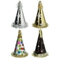 thumbnail image 1 of Happy New Year Hats 4 Pieces Assorted Foil Cone Hat for Kids and Adults New Year's Eve Party Home Table Decorations Count Down Photo Props and Holiday Celebration Supplies (Designs May Vary), 1 of 7