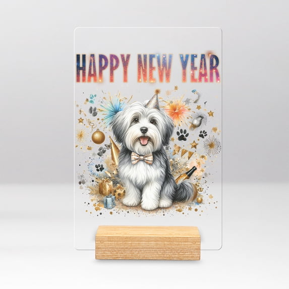 Happy New Year with Havanese Fireworks Holiday Xmas Winter 2025 Acrylic Plaque Sign Ashwood Base Havanese Dog Lover Gifts Idea Home Desk Decor - 00025