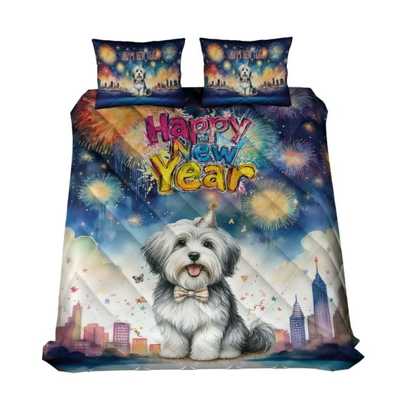 Happy New Year with Havanese Fireworks Holiday Xmas Winter 2025 Quilt Bedding Set Havanese Dog Lover Gifts Idea 1 Blanket Bed Cover 2 Pillowcases - 00025
