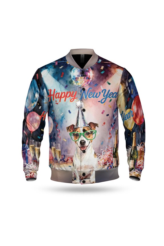 Happy New Year Jack Russell Terrier Chills on Year-End Party All Over Print 3D Baseball Jacket Parson Jack Dog Lover Bomber Jacket Softball - 12023